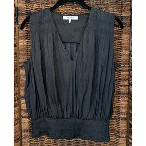 Frame Noir Black Pleated V-Neck Sleeveless Smocked Hem Tank Blouse Top Evening